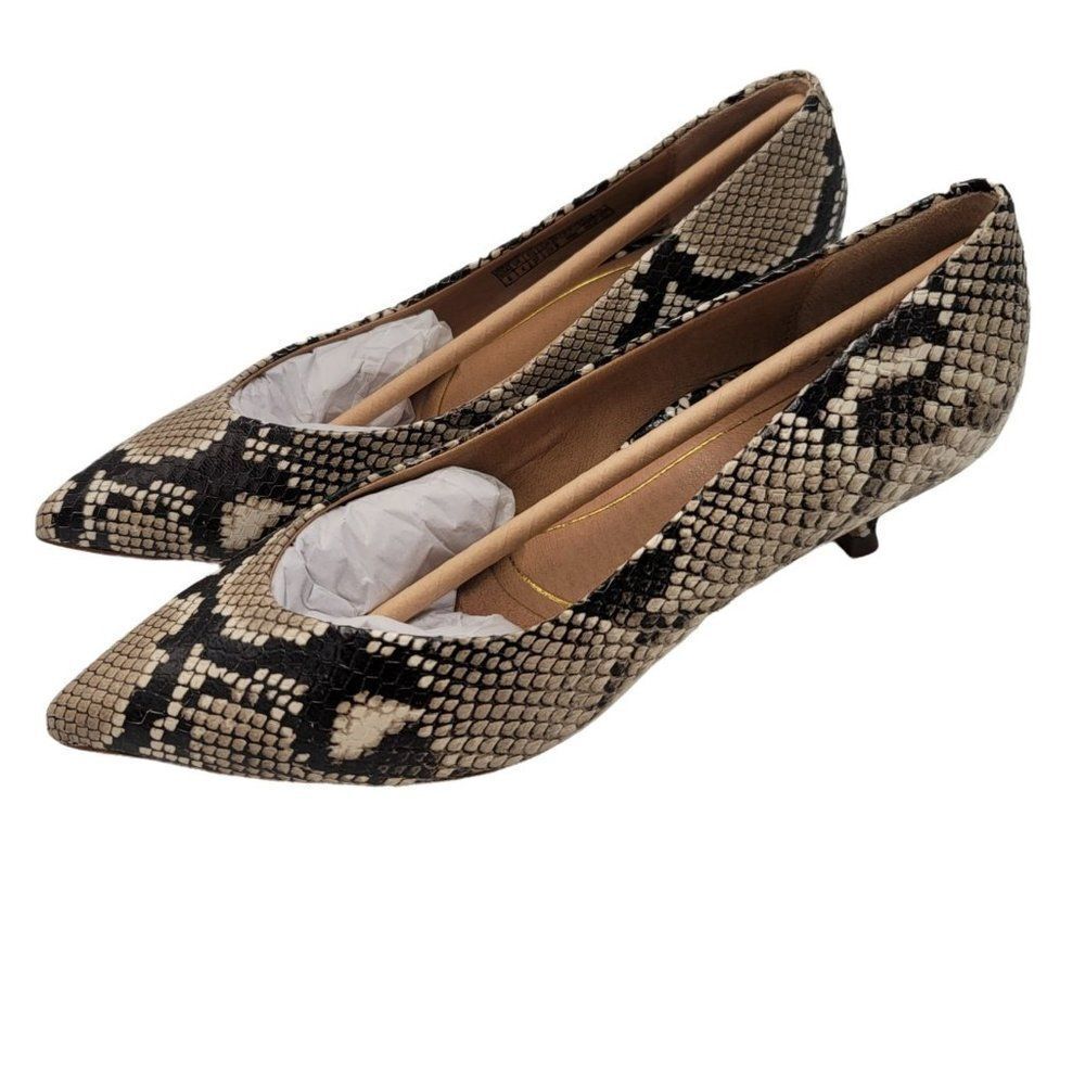 Vionic Snake Print Pointed Toe Kitten Heels in Black and Beige